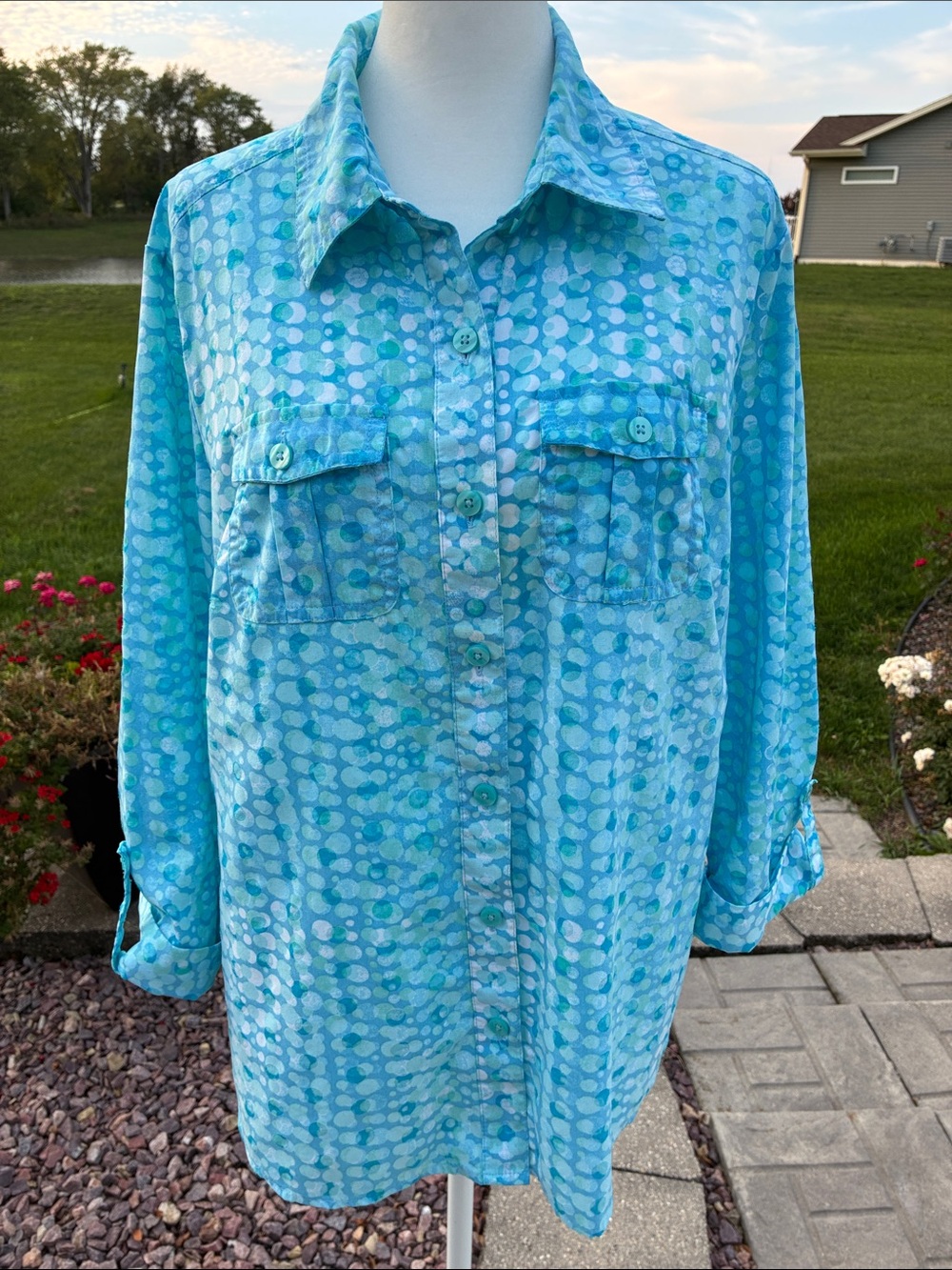 Studio Works Aqua Blue Button-Front Women's Shirt  L